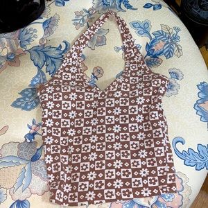 Hollister Halter Top brown and white checkered floral XS